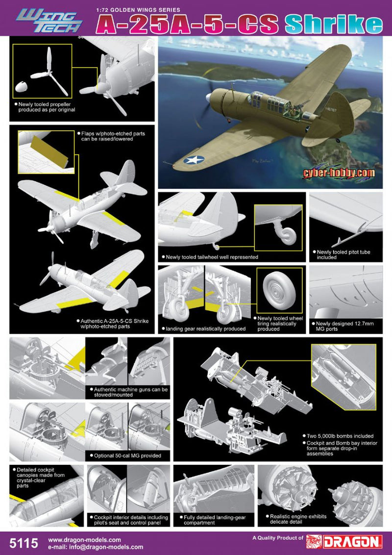 Maquette Avion Curtiss A-25A-5-CS Shrike 1/72 Wing Tech - WW II US Army | Modelisme Plastique Détaillé Japon Import